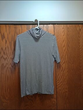 Michael Kors Black and White Striped Short-Sleeve Turtleneck Top